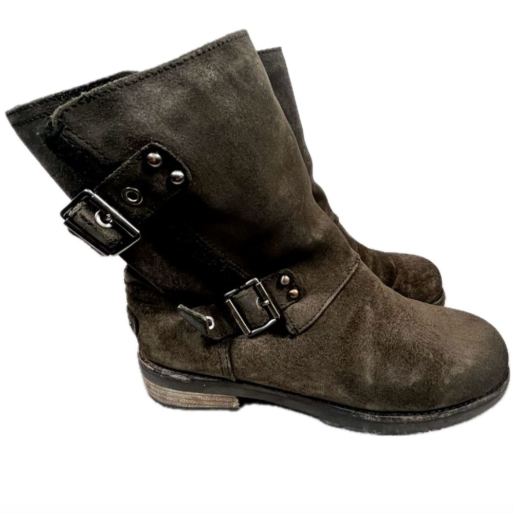 UGG Niels Moto Mid-Calf Suede Boots in  Gray with Shearling Inside Size 8.5